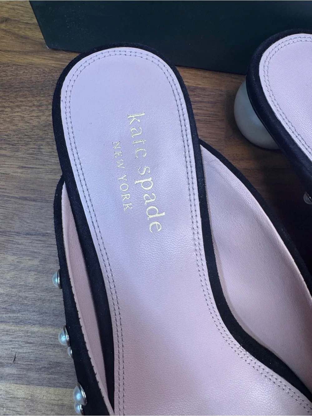 kate spade Black Pearl-Embellished Pointed Toe Mules Honor Velvet 9.5
